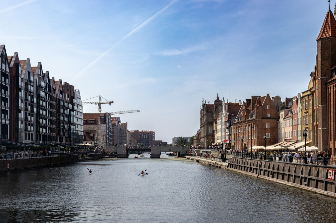 Gdansk historic waterfront along the Motlawa river with Crane and colorful townhouses
